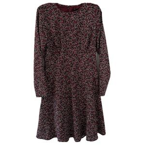 Ann Taylor Maroon Panther Print Fit & Flare Dress Sz 2 Animal Print Long Sleeve